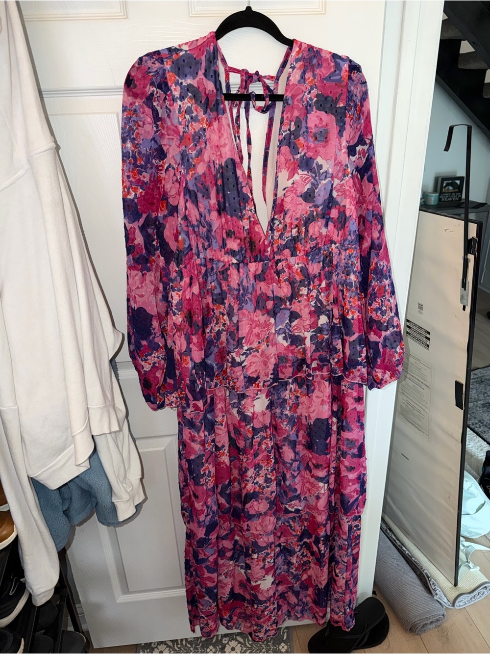 Boohoo Plus Pink & Purple Floral Tie-Back V-Neck Maxi Dress